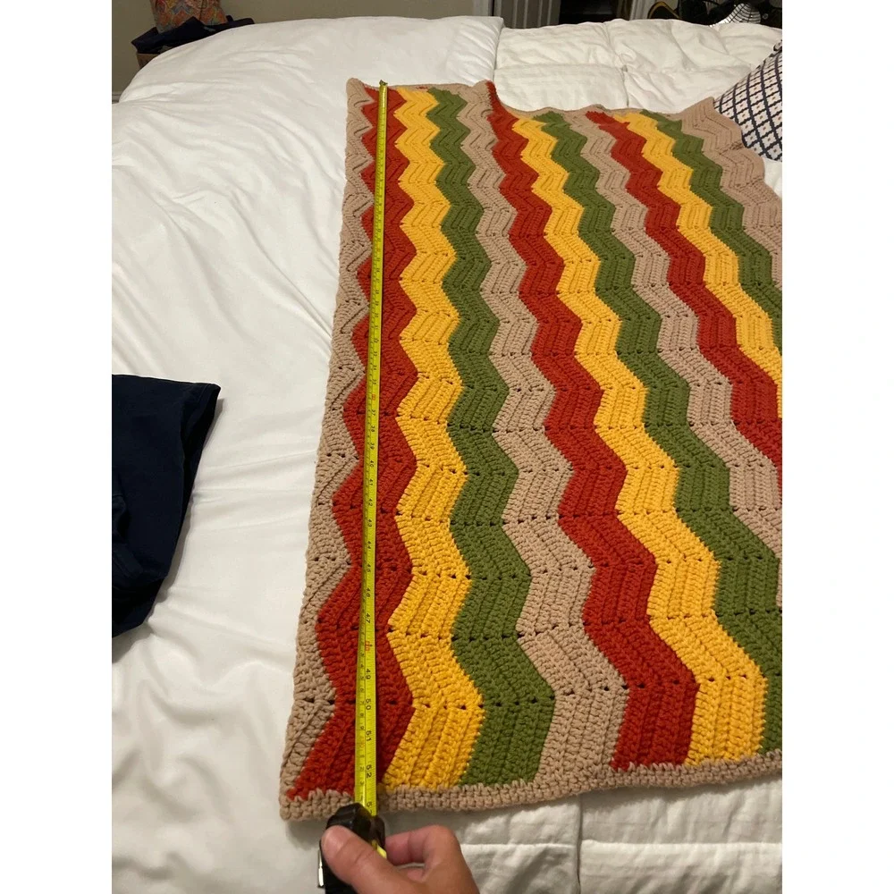 Vintage Handmade Crochet Chevron Afghan Blanket Zig Zag Orange Yellow Green Tan